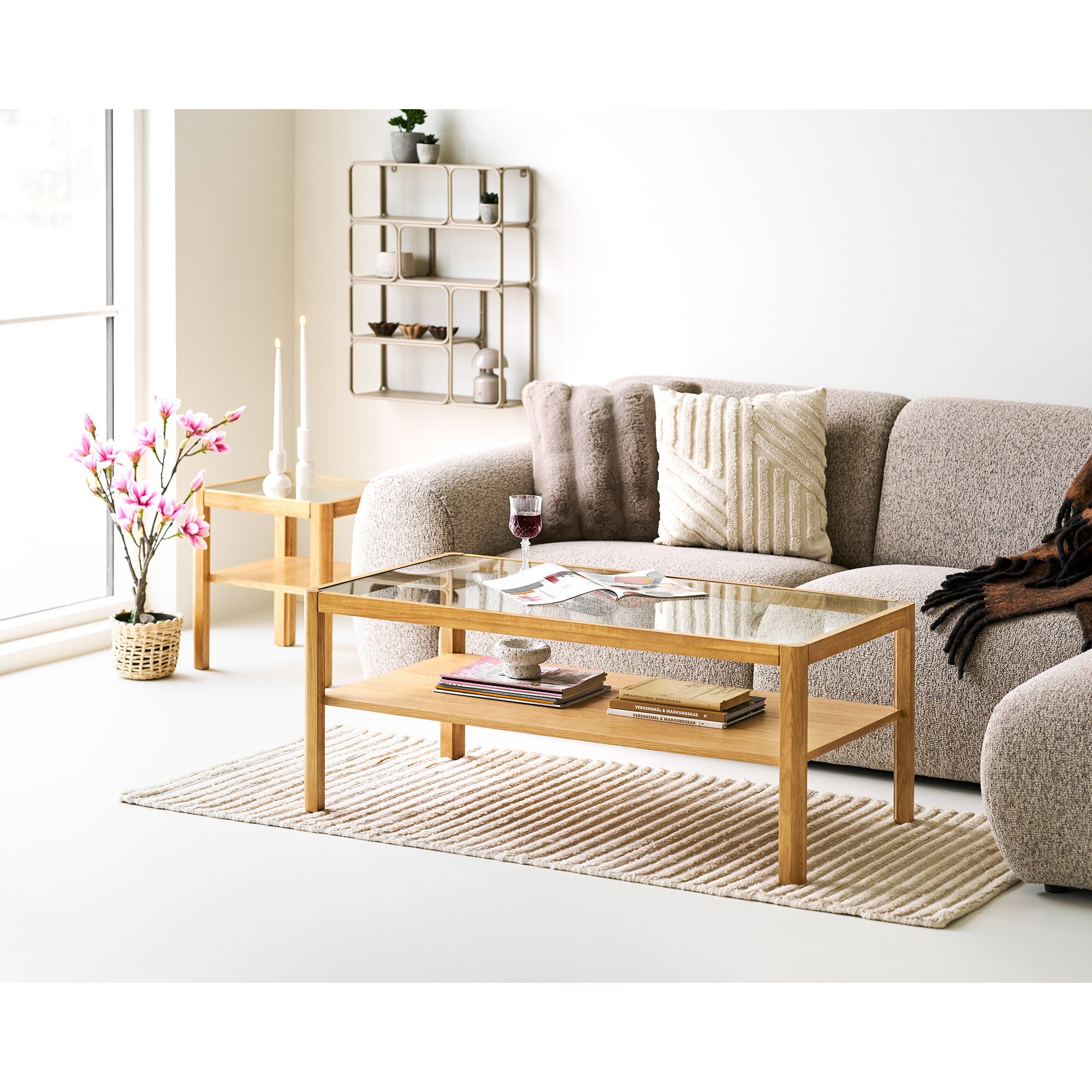 Lourmarin Side Table - Side table, oak/oak veneer/tempered glass, natural 40x40x45 cm
